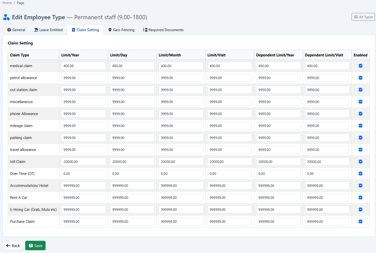 Claim Types, Employee Caps & Submission: Employee-type caps